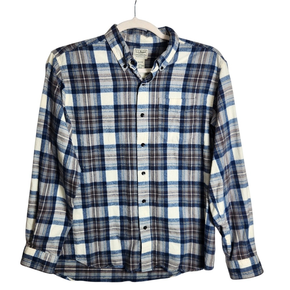 LL Bean Mens Flannel Shirt Blue Plaid Traditional Fit Cotton L 228061